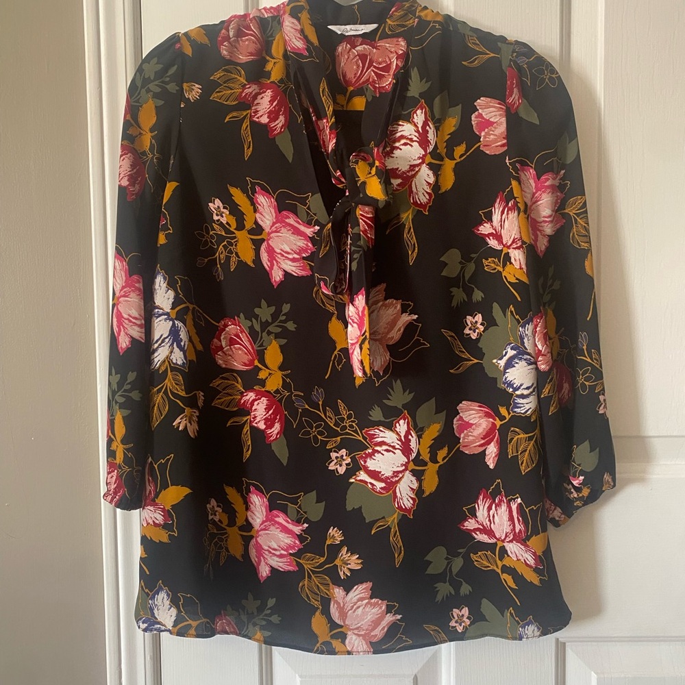 Reitmans Black Floral Blouse with Pink and Green Accents